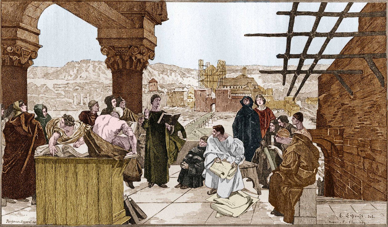 ピエール・アベラール（1079-1142）は、フランスの哲学者・神学者であり、サント・ジュヌヴィエーヴ山上にある彼の学校に通っていました。フランソワ・フラメンのフレスコ画より。 作： フランソワ（後）フラメン
