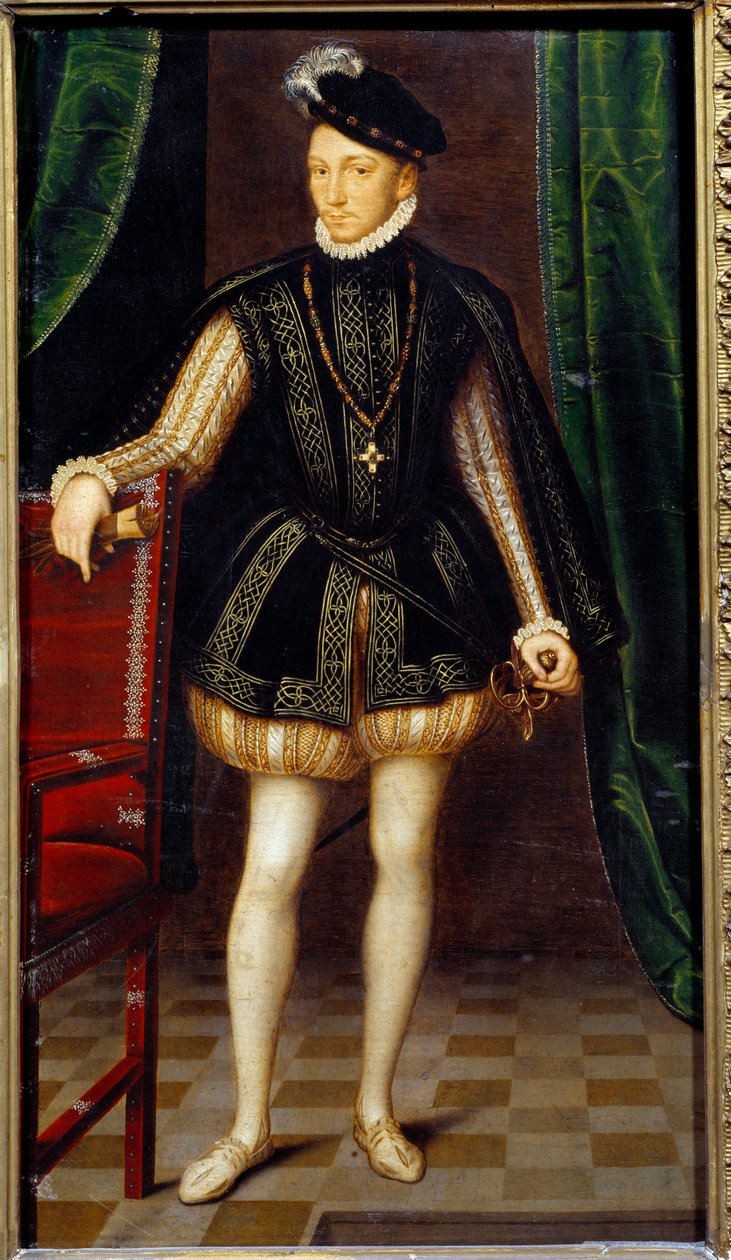 フランス国王シャルル9世（1550-1574）の足付き肖像。フランソワ・クルエ（1515-1572）の工房の絵 作： フランソワ（のワークショップ）Clouet