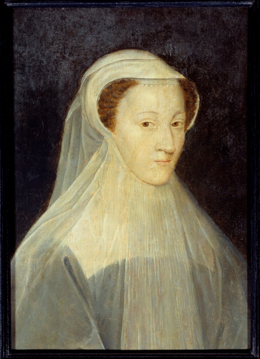 喪服を着たフランス王妃とスコットランド王妃マリー・スチュアート（1542-1587）の肖像。フランソワ・クルエ（1515-1572）の工房で描かれたもので、1560年頃。木に油彩。薄さ：0.37 x 0.26m。パリ、カルナヴァレ美術館 - メアリー・スチュアートの肖像 (1542-15 作： フランソワ（のワークショップ）Clouet