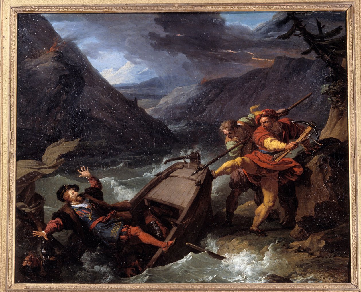 スイス独立の英雄であるゲッスル・ギヨーム（ウィルヘルム）・テルは、総督ヘルマン・ゲスラーの主権に反抗する姿を寓意的に描いている。フランソワ・アンドレ・ヴァンサン（1746-1816）による18世紀のゲレの絵。ミュージアムオブファインアーツ 作： フランソワ・アンドレ・ヴァンサン