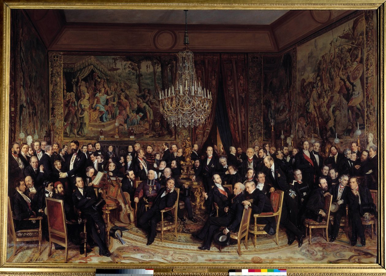 Abend im Louvre mit dem Grafen von Nieuwerkerke. Unter den Anwesenden: Francois Marcellin Certain de Canrobert (1809-1895), Eugene Delacroix (1798-1863), Camille Doucet (1812-1895), Jacques Fromental Levy, genannt Halevy (1799-1862), Baron Georges Haussman von François Auguste Biard