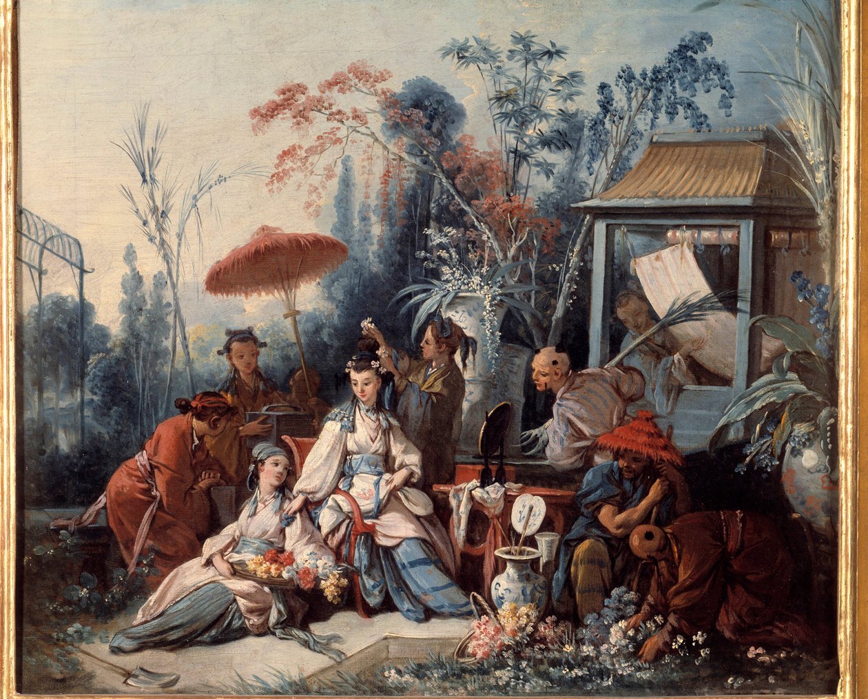 適切な価格 使用人に囲まれた若い女性を描いたシノワズリの中国庭園風景 絵画