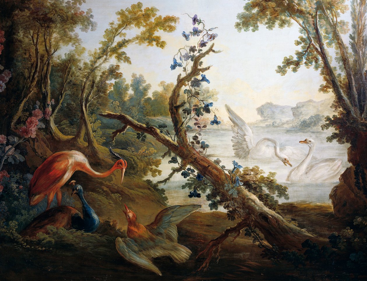 白鳥のいる風景」1765年頃、フランソワ・ブーシェ（1703-1770）、ジャン・バティスト・ヒューエ（1745-1811）、ジャン・オノレ・フラゴナール（1732-1806）作、パリ、フランス、サロン・デマルトーの北側の壁の細部 作： フランソワ・ブーシェ