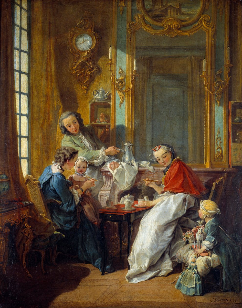 ブルジョワの室内での昼食風景。フランソワ・ブーシェ（1703-1770）による絵画 1739年 日0.81×0.65m 作： フランソワ・ブーシェ