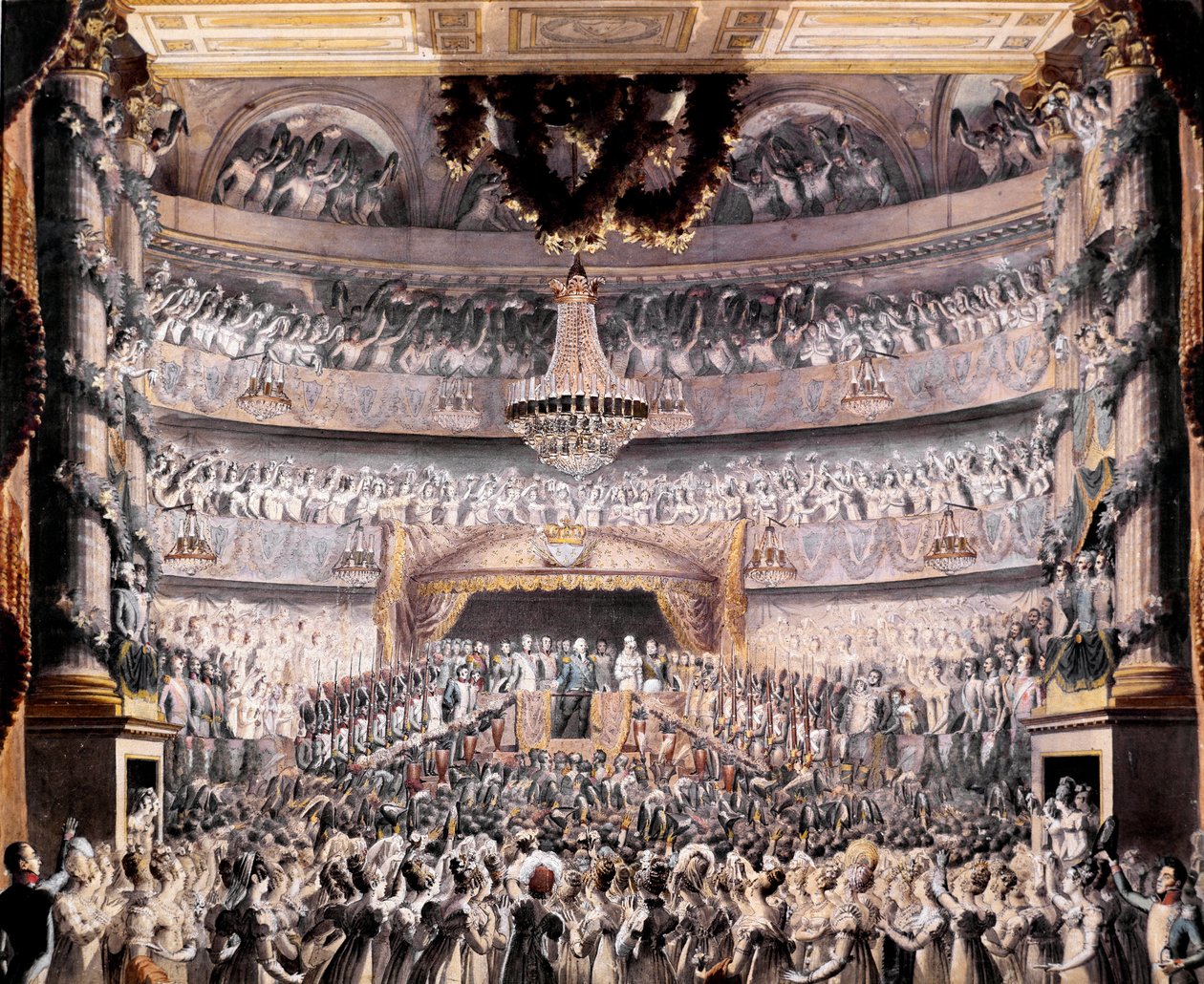 ルイ18世（1755-1824）は、1819年にパリの国民衛兵が開いたパーティーでオデオン座に出席しています。36x44 cm Versailles, musee du chateau 作： フランソワビュッフェ
