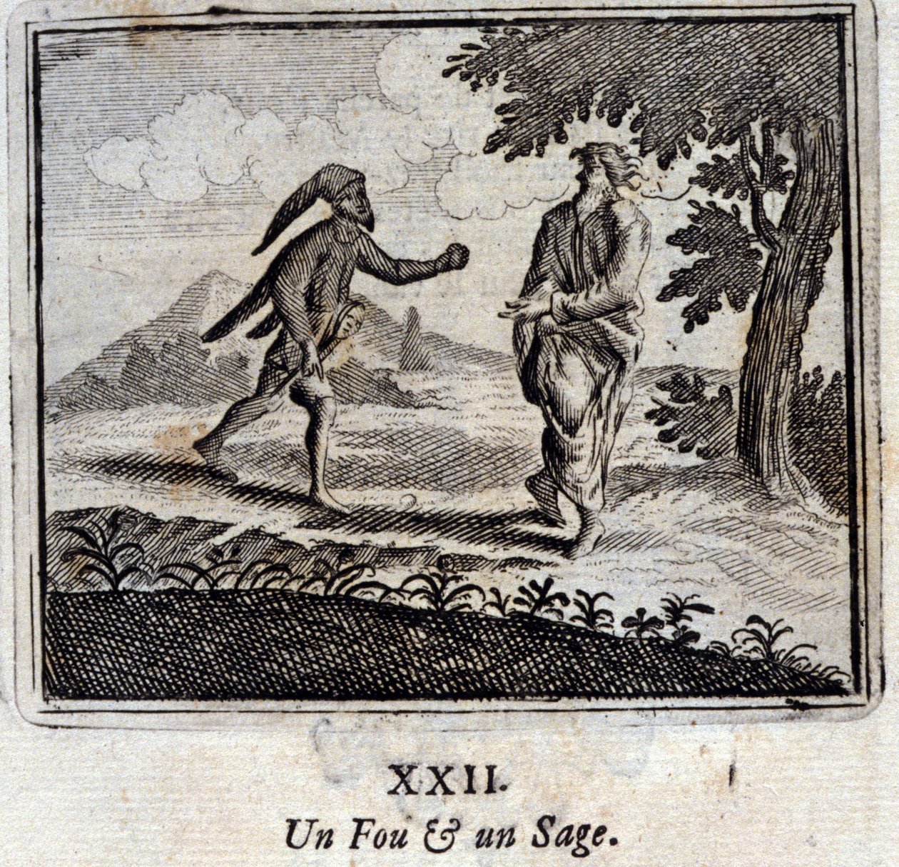 狂人と賢人。ジャン・ド・ラ・フォンテーヌ（1621-95）の寓話。挿絵はフランソワ・ショーボー（1613-1676）。1728年の版。 作： フランソワ・ショーボー