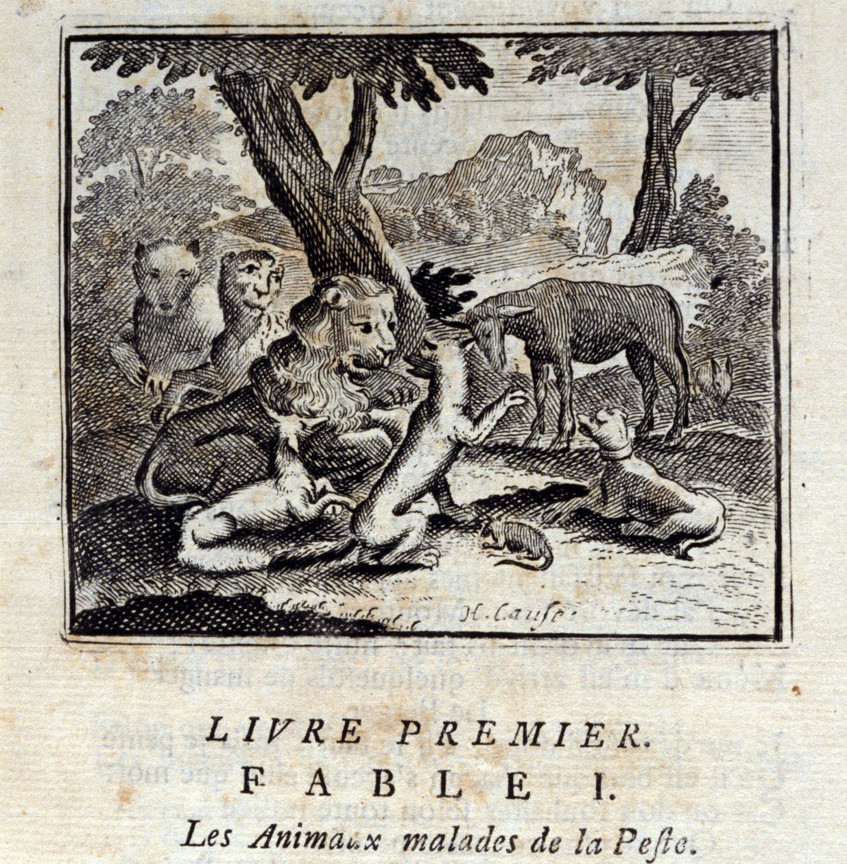 疫病にかかった動物たち。ジャン・ド・ラ・フォンテーヌ（1621-95）の寓話。挿絵はフランソワ・ショーボー（1613-1676）。1728年の版。 作： フランソワ・ショーボー