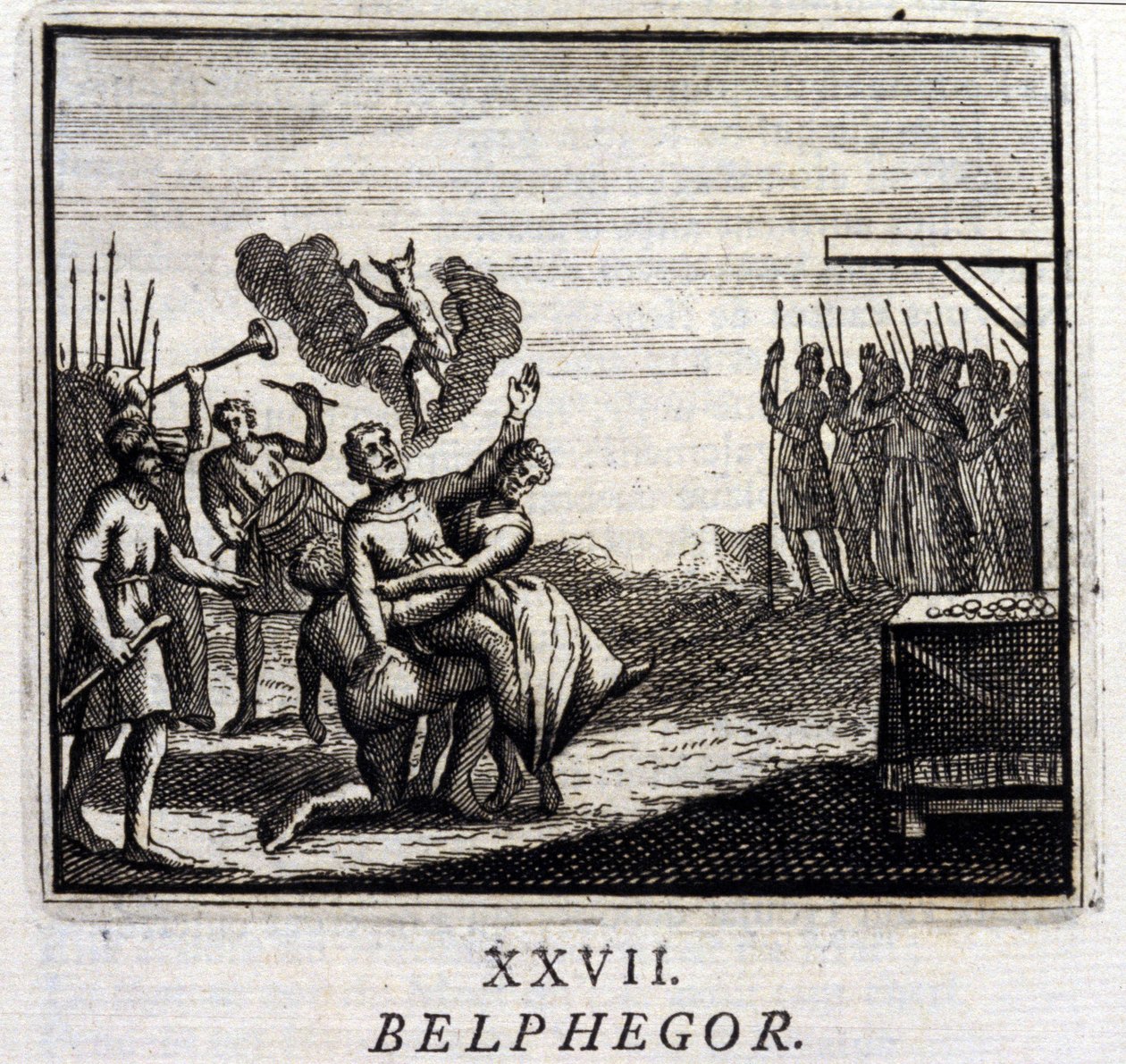 ベルフェゴール。ジャン・ド・ラ・フォンテーヌ（1621-95）の寓話集。フランソワ・ショーボー（1613-1676）によるイラスト。1728年の版。 作： フランソワ・ショーボー