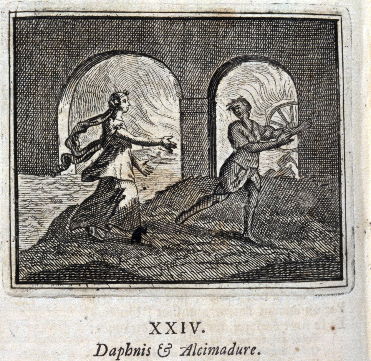 ダフニスとアルキマデュラジャン・ド・ラ・フォンテーヌ(1621-95)の寓話。挿絵はフランソワ・ショーボー（1613-1676）。1728年の版。 作： フランソワ・ショーボー