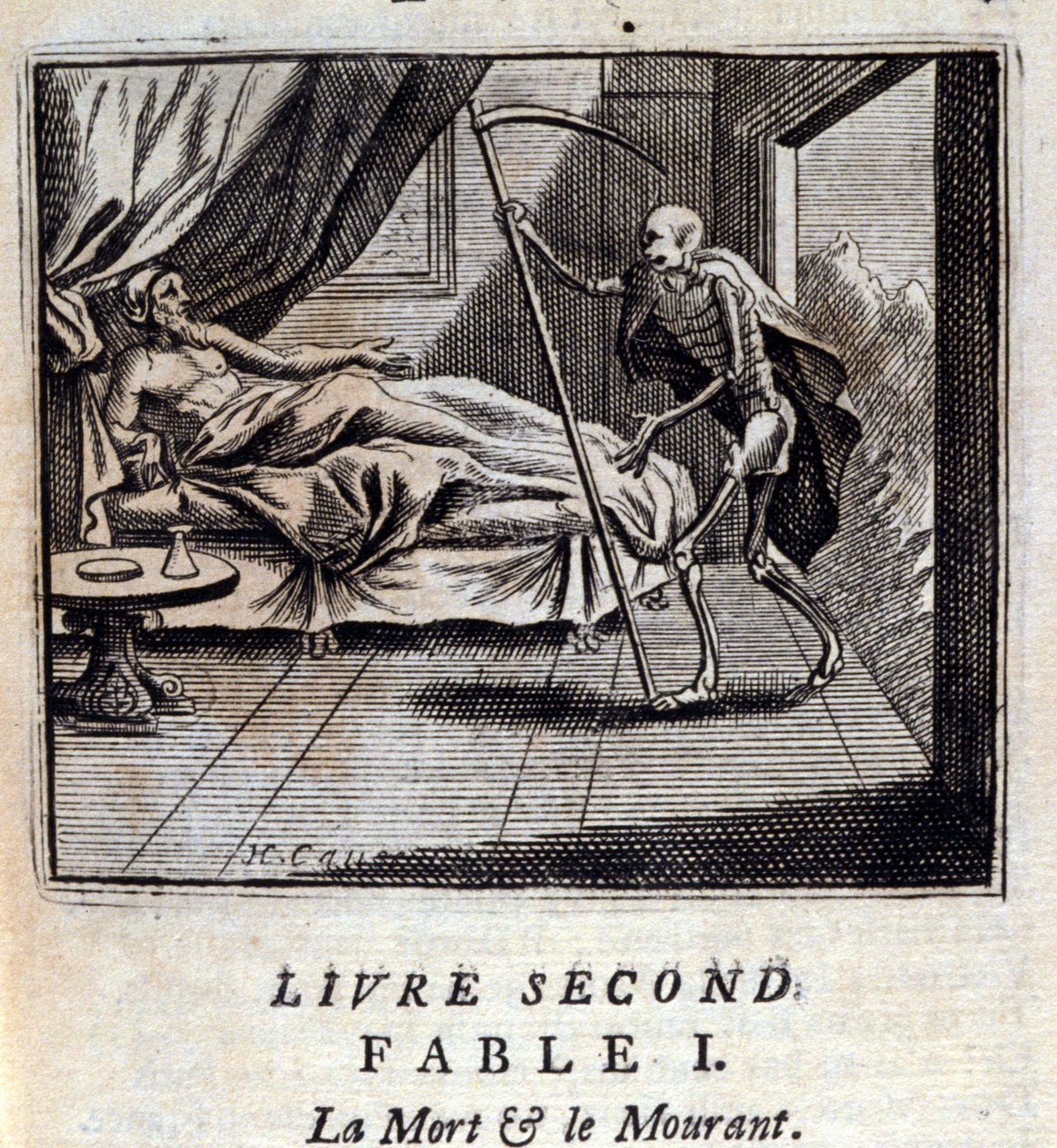 死と瀕死。ジャン・ド・ラ・フォンテーヌ（1621-95）の寓話。挿絵はフランソワ・ショーボー（1613-1676）。1728年の版。 作： フランソワ・ショーボー