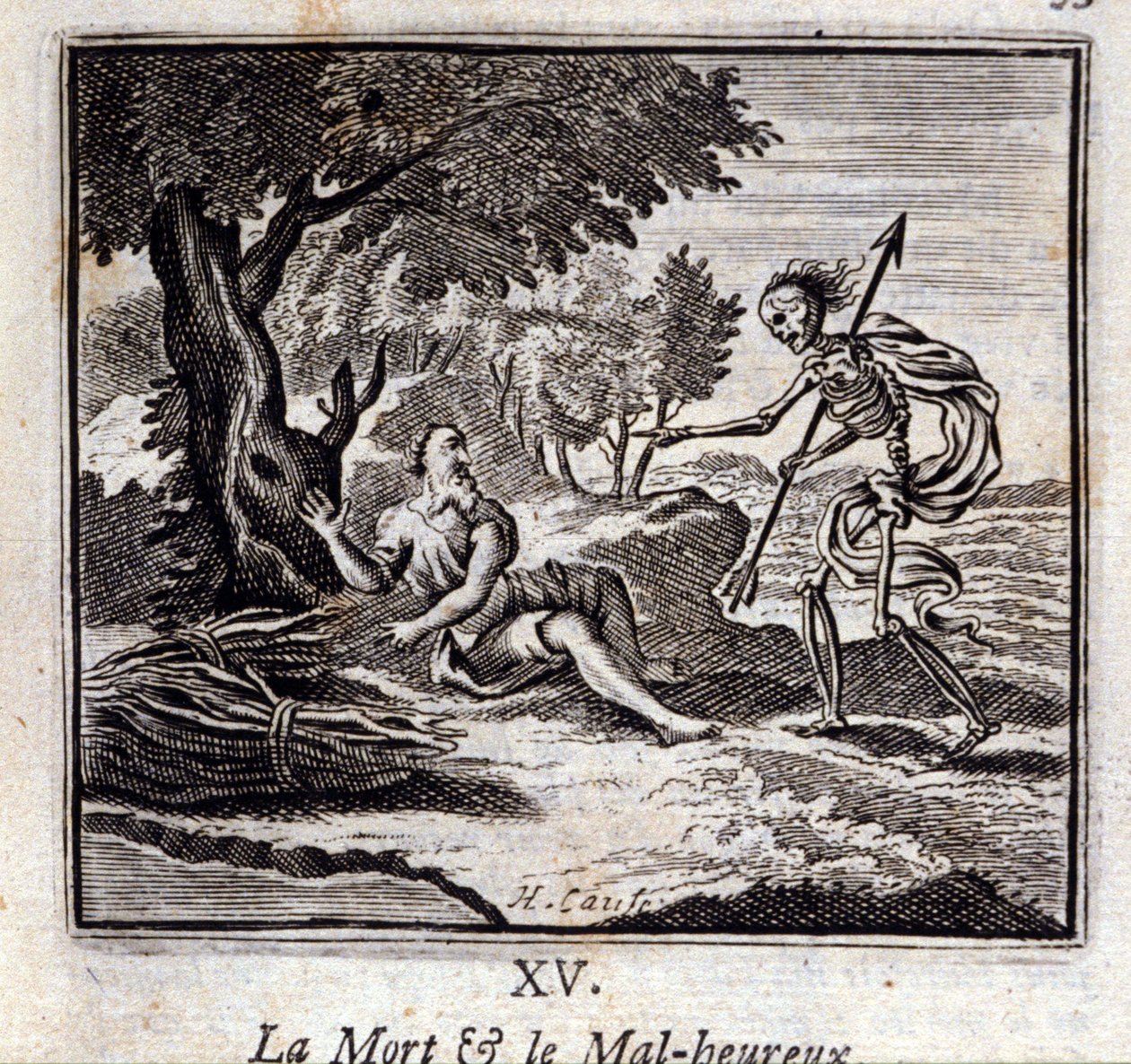死と不幸。ジャン・ド・ラ・フォンテーヌ（1621-95）の寓話。挿絵はフランソワ・ショーボー（1613-1676）。1728年の版。 作： フランソワ・ショーボー