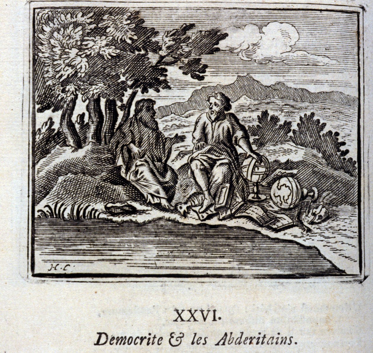 デモクリットとアブデリタンたち。ジャン・ド・ラ・フォンテーヌ（1621-95）の寓話。挿絵はフランソワ・ショーボー（1613-1676）。1728年の版。 作： フランソワ・ショーボー