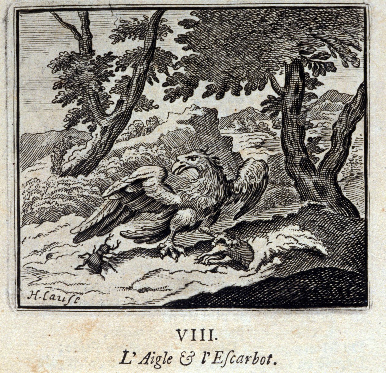鷲とカタツムリジャン・ド・ラ・フォンテーヌ（1621-95）の寓話。挿絵はフランソワ・ショーボー（1613-1676）。1728年の版。 作： フランソワ・ショーボー
