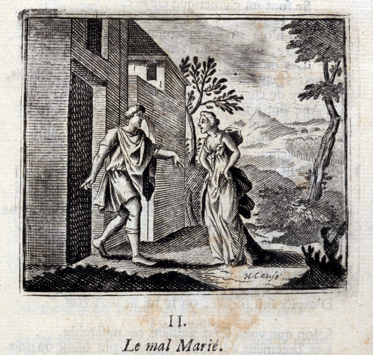 悪は結婚する。ジャン・ド・ラ・フォンテーヌ（1621-95）の寓話。挿絵はフランソワ・ショーボー（1613-1676）。1728年の版。 作： フランソワ・ショーボー