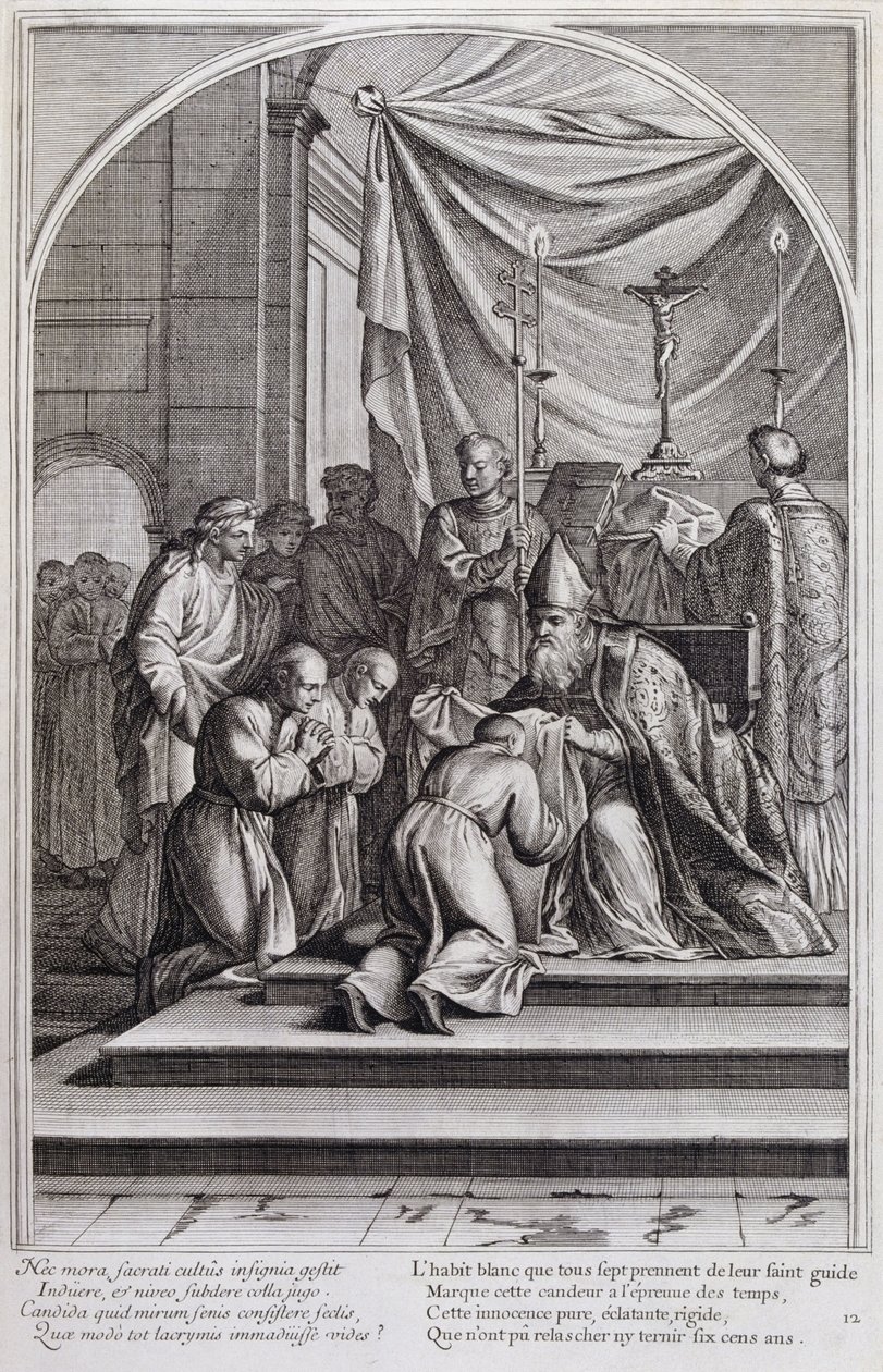 1660年、パリで制作された「シャルトル騎士団の創設者、聖ブルーノの生涯」からの挿絵。Eustache Le Sueurの絵画とFran Sois Chauveauのエングレービングによる ©UIG/Leemage 作： フランソワ・ショーボー