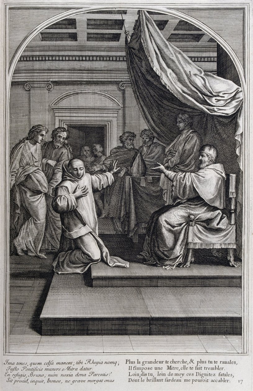 1660年、パリで制作された「シャルトル騎士団の創設者、聖ブルーノの生涯」からの挿絵。Eustache Le Sueurの絵画とFran Sois Chauveauのエングレービングによる ©UIG/Leemage 作： フランソワ・ショーボー