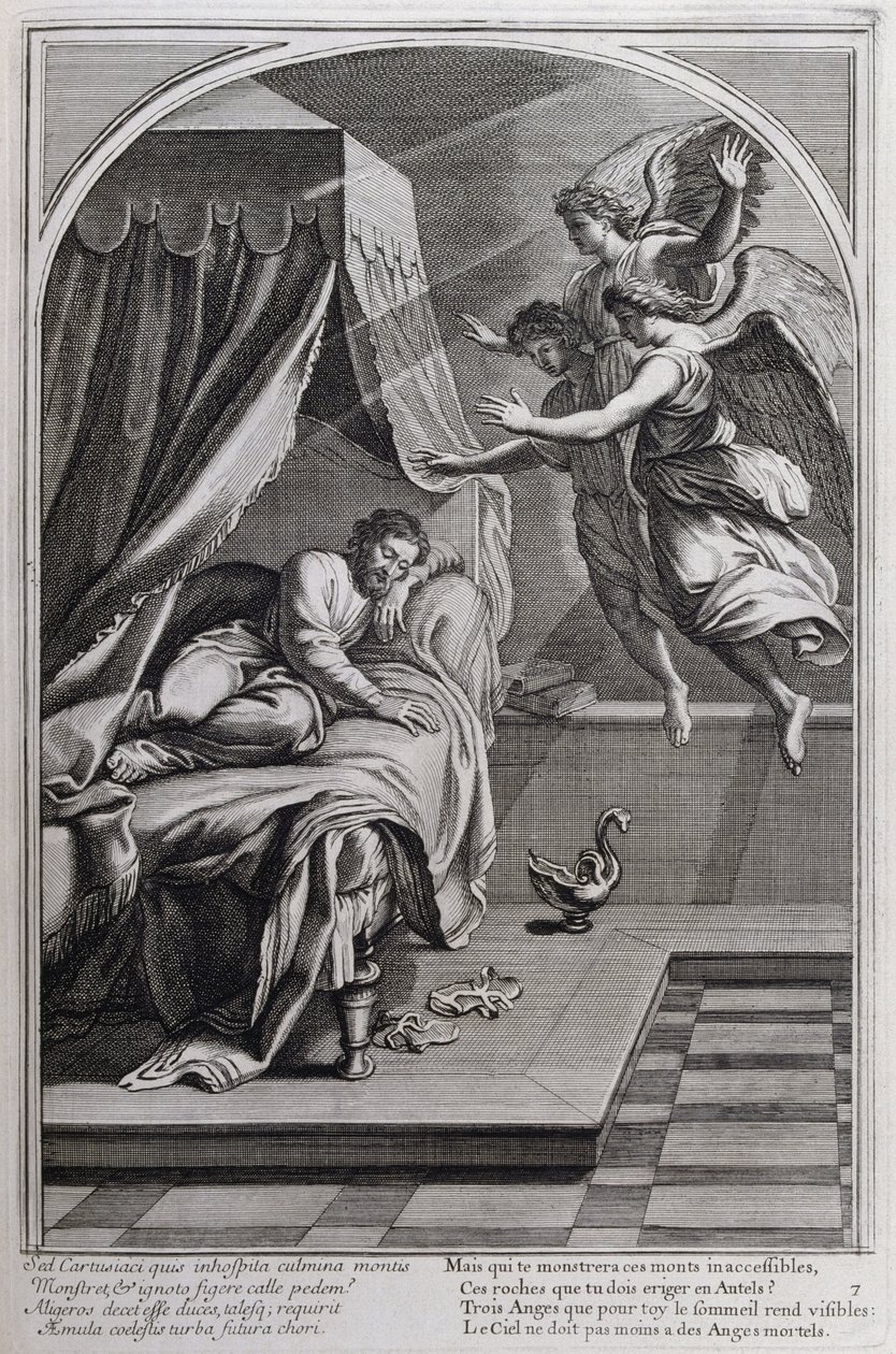 1660年、パリで制作された「シャルトル騎士団の創設者、聖ブルーノの生涯」からの挿絵。Eustache Le Sueurの絵画とFran Sois Chauveauのエングレービングによる ©UIG/Leemage 作： フランソワ・ショーボー