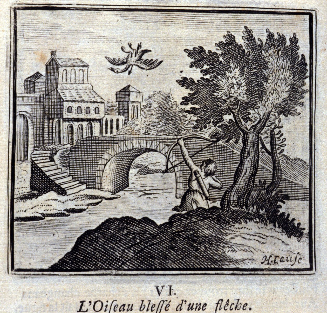 The Bird with an arrow Fables by Jean de La Fontaine (1621-95).フランソワ・ショーボー（1613-1676）によるイラスト。1728年の版。 作： フランソワ・ショーボー