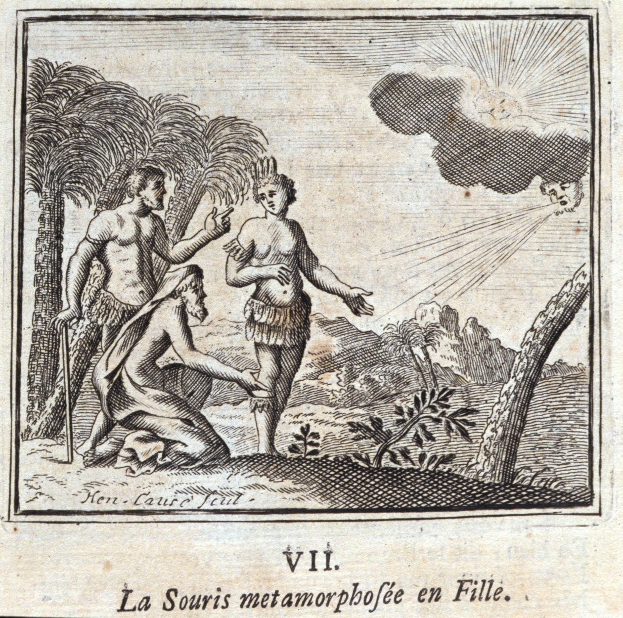 La Souris metamorphosed into a girl.Fables by Jean de La Fontaine (1621-95).挿絵はフランソワ・ショーボー（1613-1676）。1728年の版。 作： フランソワ・ショーボー