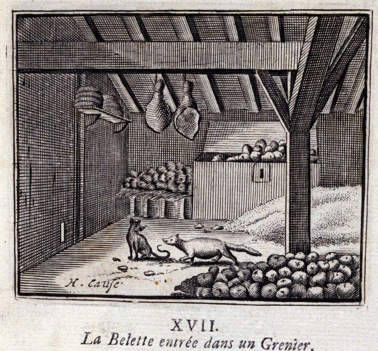 グルニエに入ったLa Weasette。ジャン・ド・ラ・フォンテーヌ（1621-95）の寓話。挿絵はフランソワ・ショーボー（1613-1676）。1728年の版。 作： フランソワ・ショーボー