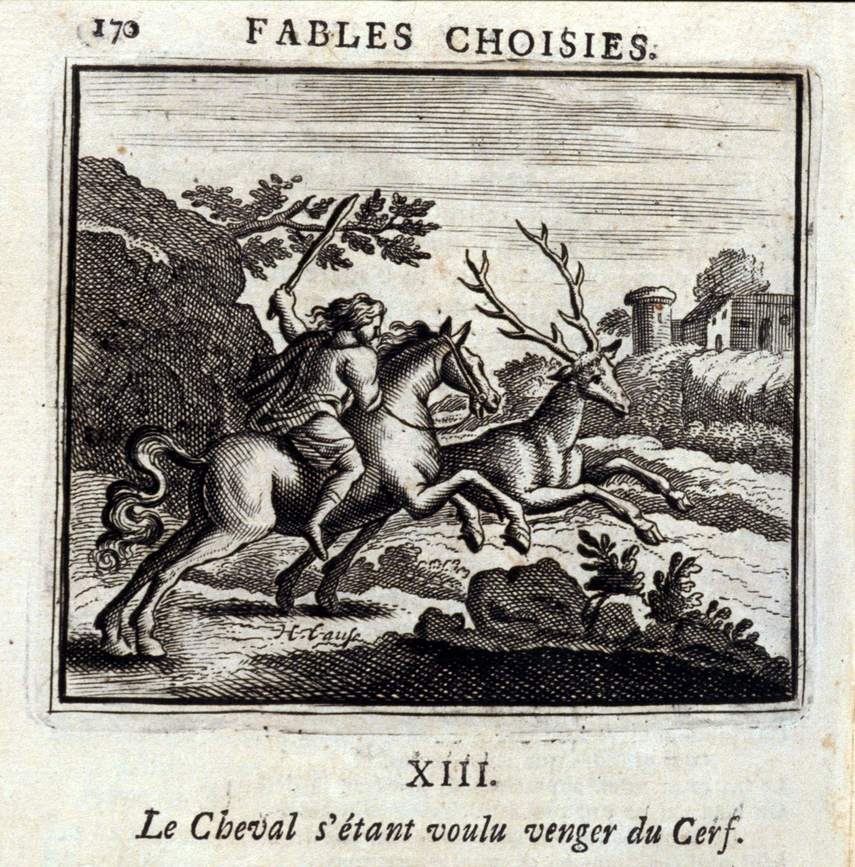 Le ChevalはDeerに復讐したかった。ジャン・ド・ラ・フォンテーヌ（1621-95）の寓話。挿絵はフランソワ・ショーボー（1613-1676）。1728年の版。 作： フランソワ・ショーボー