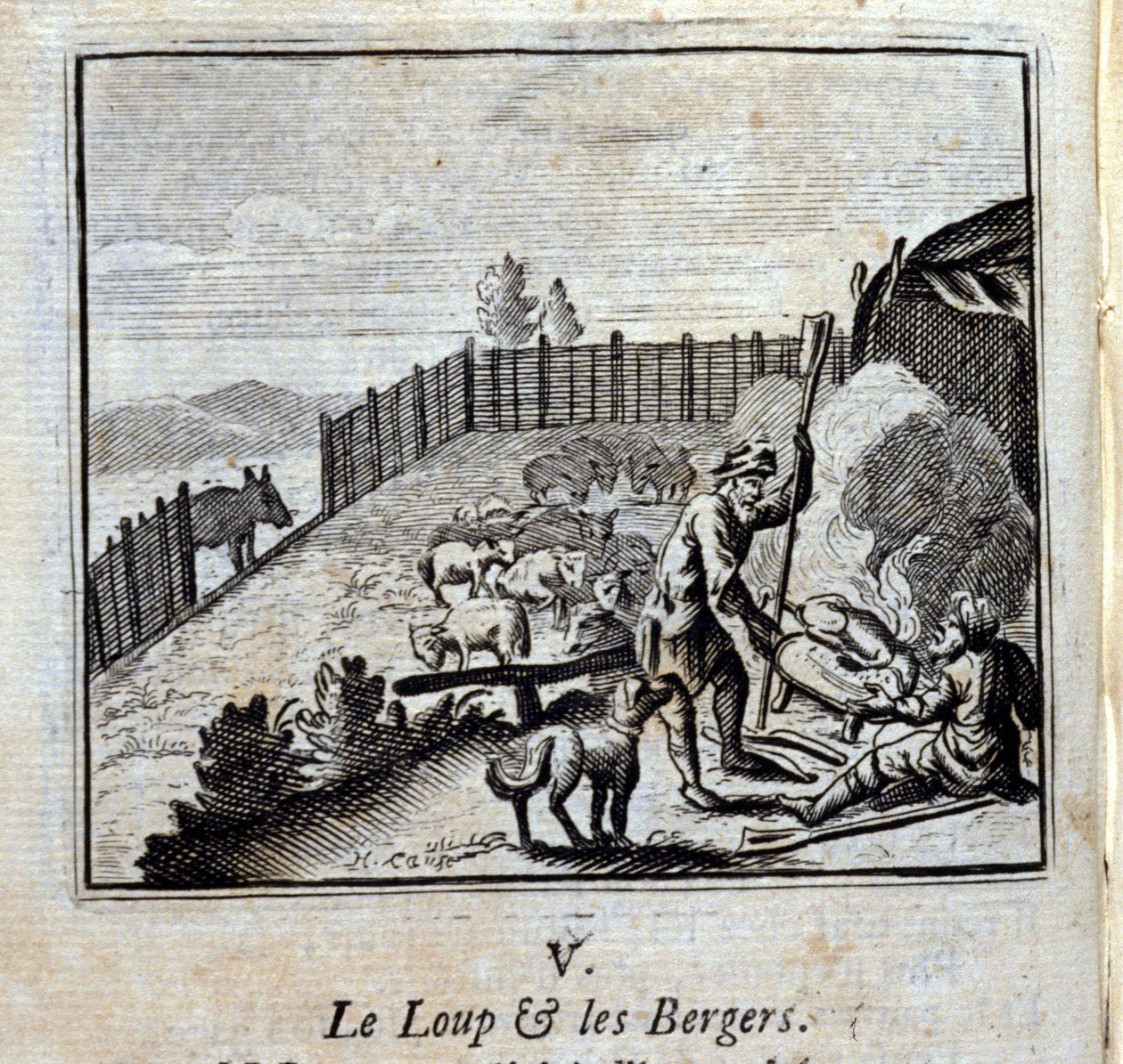ジャン・ド・ラ・フォンテーヌ（1621-95）の「狼と羊飼いの寓話」。フランソワ・ショーボー（1613-1676）によるイラスト。1728年の版。 作： フランソワ・ショーボー