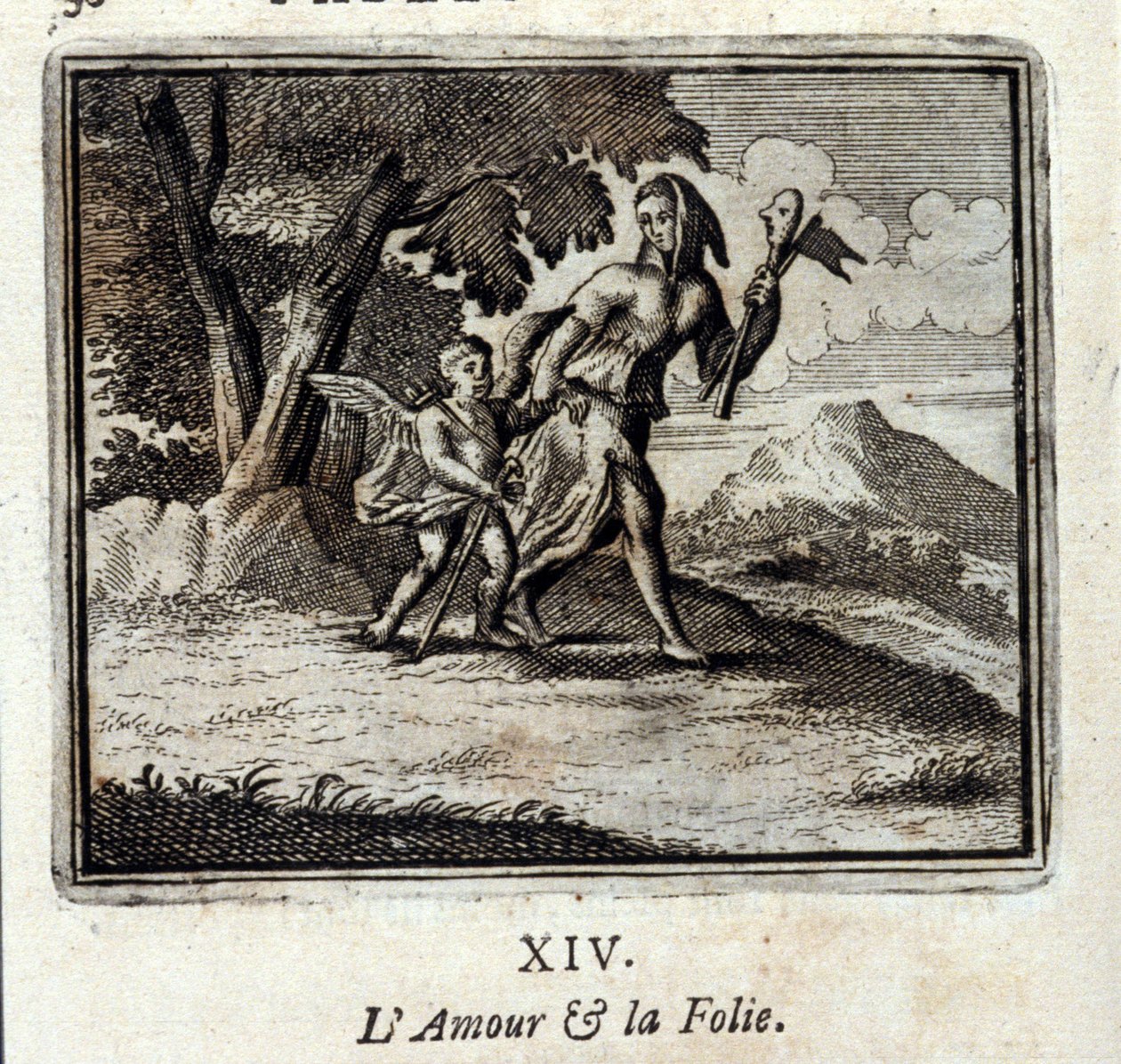 愛と狂気。ジャン・ド・ラ・フォンテーヌ（1621-95）の寓話。挿絵はフランソワ・ショーボー（1613-1676）。1728年の版。 作： フランソワ・ショーボー