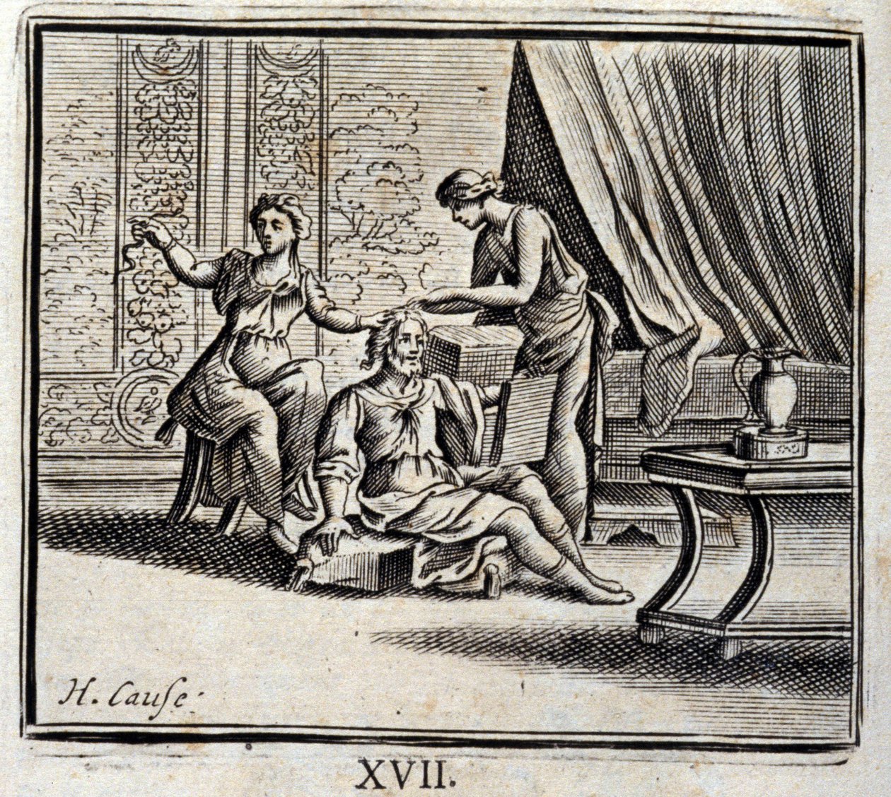 2つの年齢の間にいる男と、2人のウェイトレス。ジャン・ド・ラ・フォンテーヌ（1621-95）の寓話。挿絵はフランソワ・ショーボー（1613-1676）。1728年の版。 作： フランソワ・ショーボー