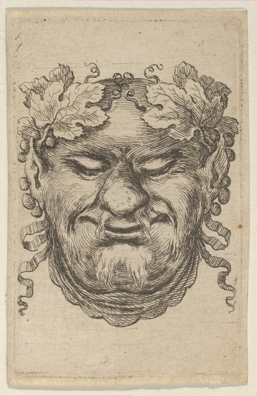Divers Masques からのブドウの葉とリボンの花輪を持つバッカスの仮面。 1635-45。 作： フランソワ・ショーボー