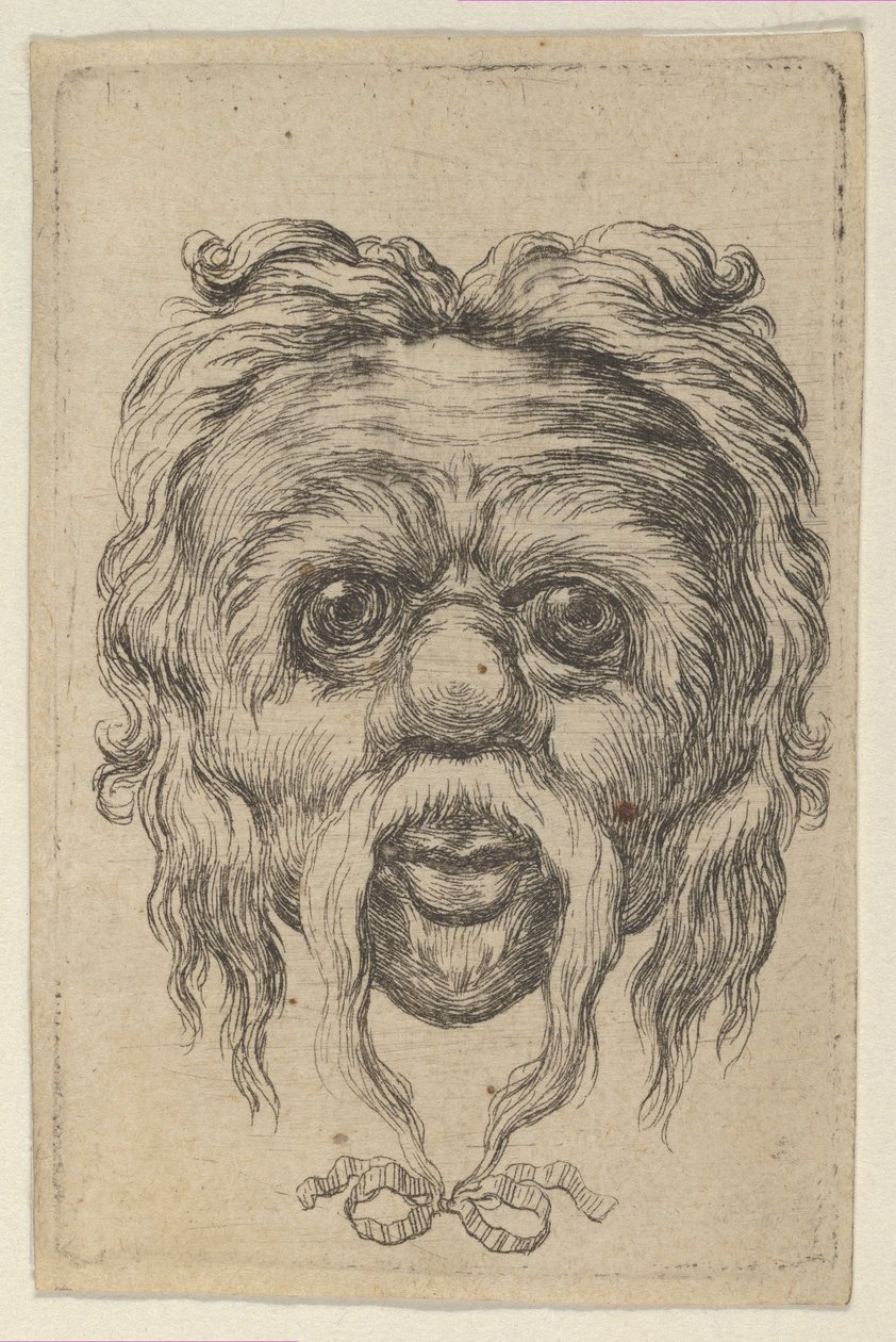 あごの下のリボンで結ばれた長い口ひげのマスク、Divers Masques、ca. 1635-45。 作： フランソワ・ショーボー