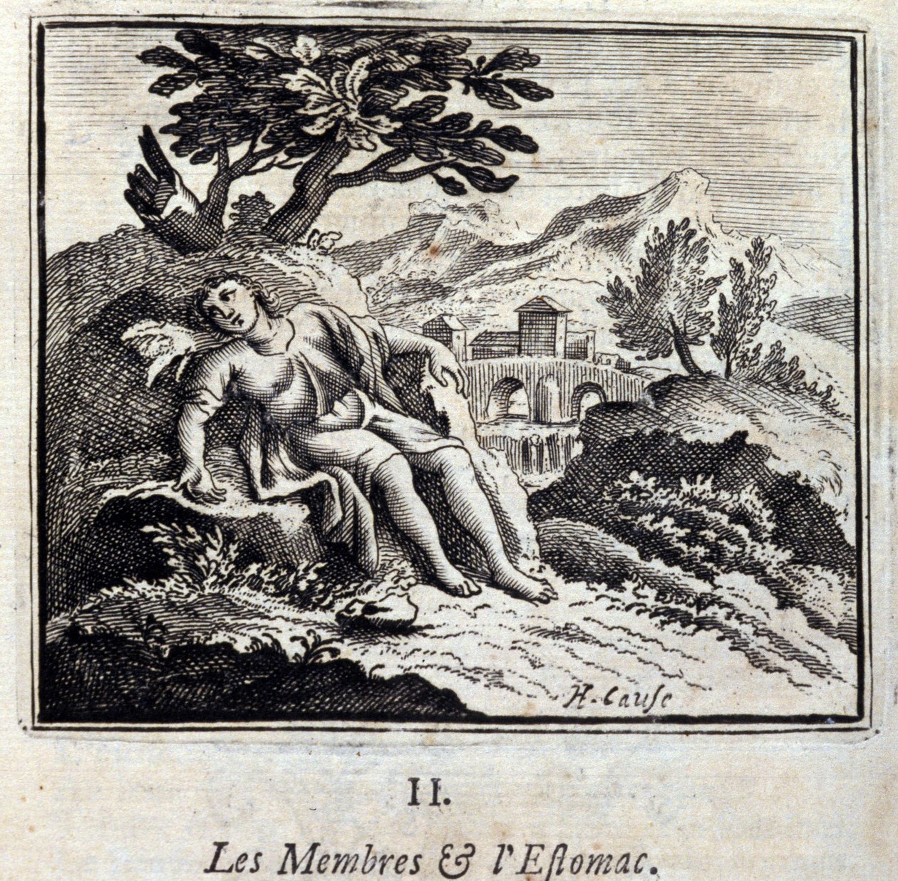 メンバーと胃袋。ジャン・ド・ラ・フォンテーヌ（1621-95）の寓話。挿絵はフランソワ・ショーボー（1613-1676）。1728年の版。 作： フランソワ・ショーボー