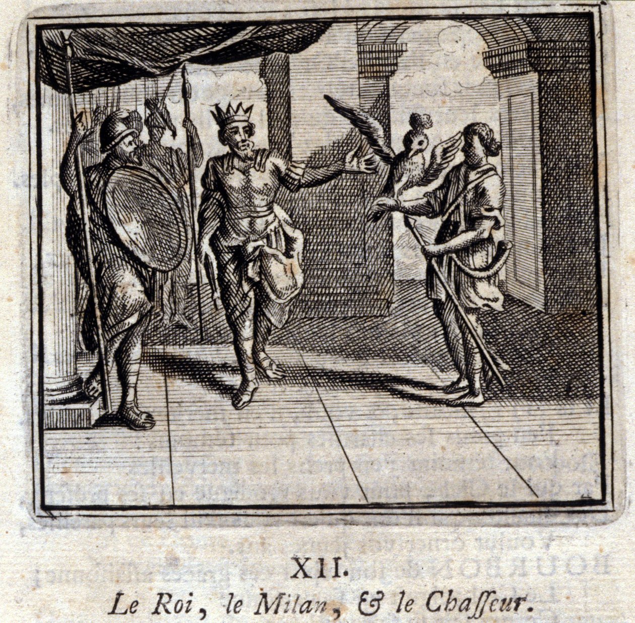 王様と狩人のミラン。ジャン・ド・ラ・フォンテーヌ（1621-95）の寓話。挿絵はフランソワ・ショーボー（1613-1676）。1728年の版。 作： フランソワ・ショーボー