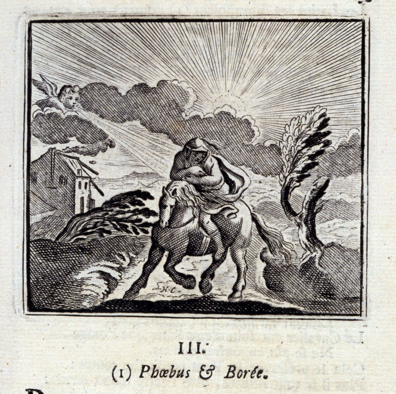 フェバスとボレ。ジャン・ド・ラ・フォンテーヌ（1621-95）の寓話。挿絵はフランソワ・ショーボー（1613-1676）。1728年の版。 作： フランソワ・ショーボー