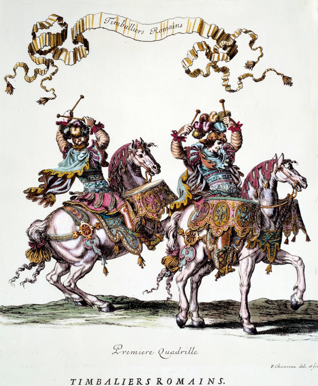 1662年にルイ14世（1638-1715）から贈られたカルーセル（回転木馬）の中のローマのティンバリエ フランソワ・ショーボー（1613-1676）のエングレーヴィング 17世紀 個人蔵 作： フランソワ・ショーボー