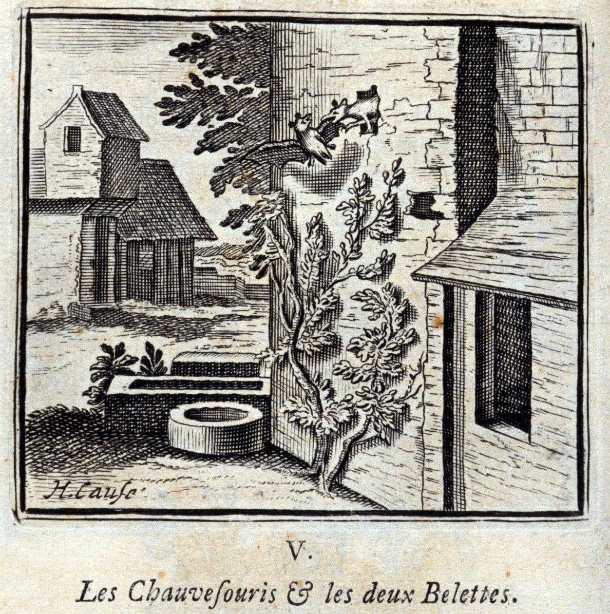 コウモリと2匹のイタチ。ジャン・ド・ラ・フォンテーヌ（1621-95）の寓話。挿絵はフランソワ・ショーボー（1613-1676）。1728年の版。 作： フランソワ・ショーボー