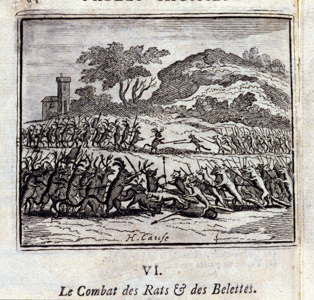 ネズミとイタチの戦い。ジャン・ド・ラ・フォンテーヌ（1621-95）の寓話。挿絵はフランソワ・ショーボー（1613-1676）。1728年の版。 作： フランソワ・ショーボー