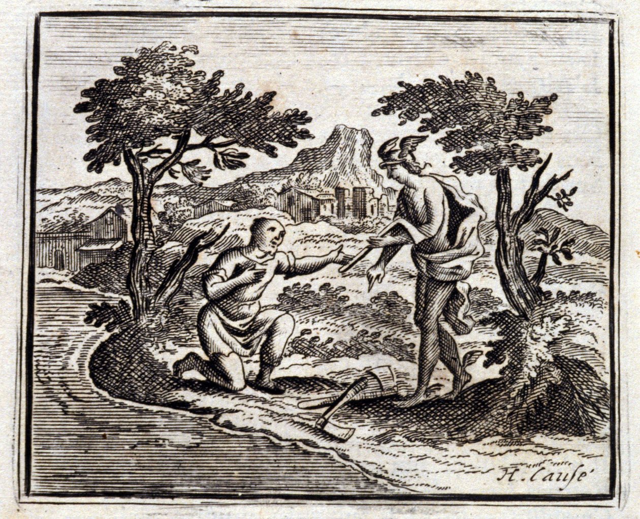 ブシュロンとマーキュリー」。ジャン・ド・ラ・フォンテーヌ(1621-95)の寓話。挿絵はフランソワ・ショーボー（1613-1676）。1728年の版。 作： フランソワ・ショーボー