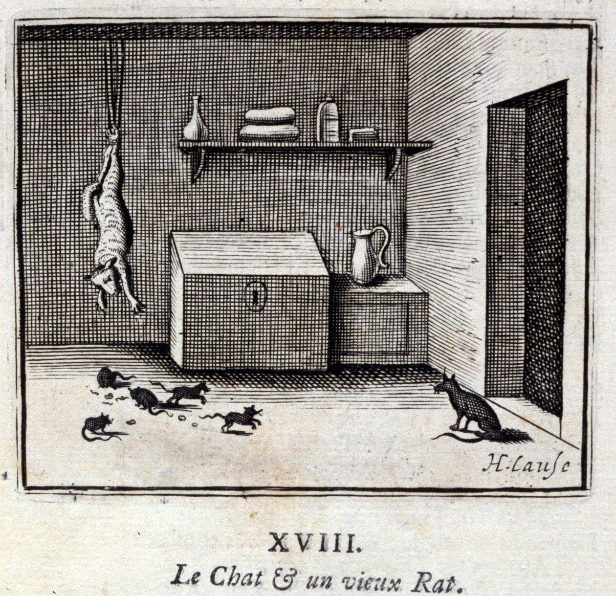 猫と老鼠。ジャン・ド・ラ・フォンテーヌ（1621-95）の寓話。挿絵はフランソワ・ショーボー（1613-1676）。1728年の版。 作： フランソワ・ショーボー