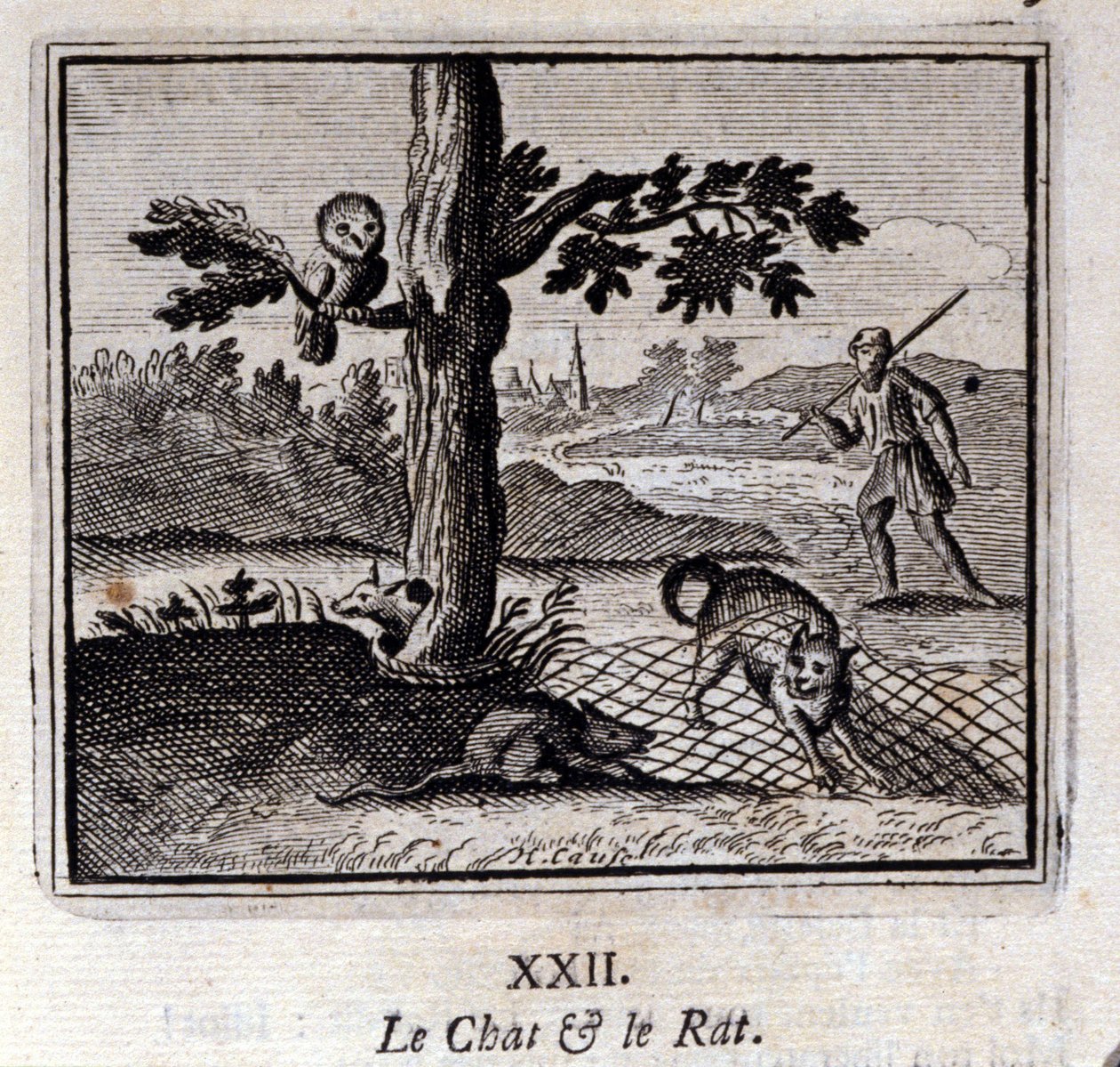 猫とネズミ。ジャン・ド・ラ・フォンテーヌ（1621-95）の寓話。挿絵はフランソワ・ショーボー（1613-1676）。1728年の版。 作： フランソワ・ショーボー