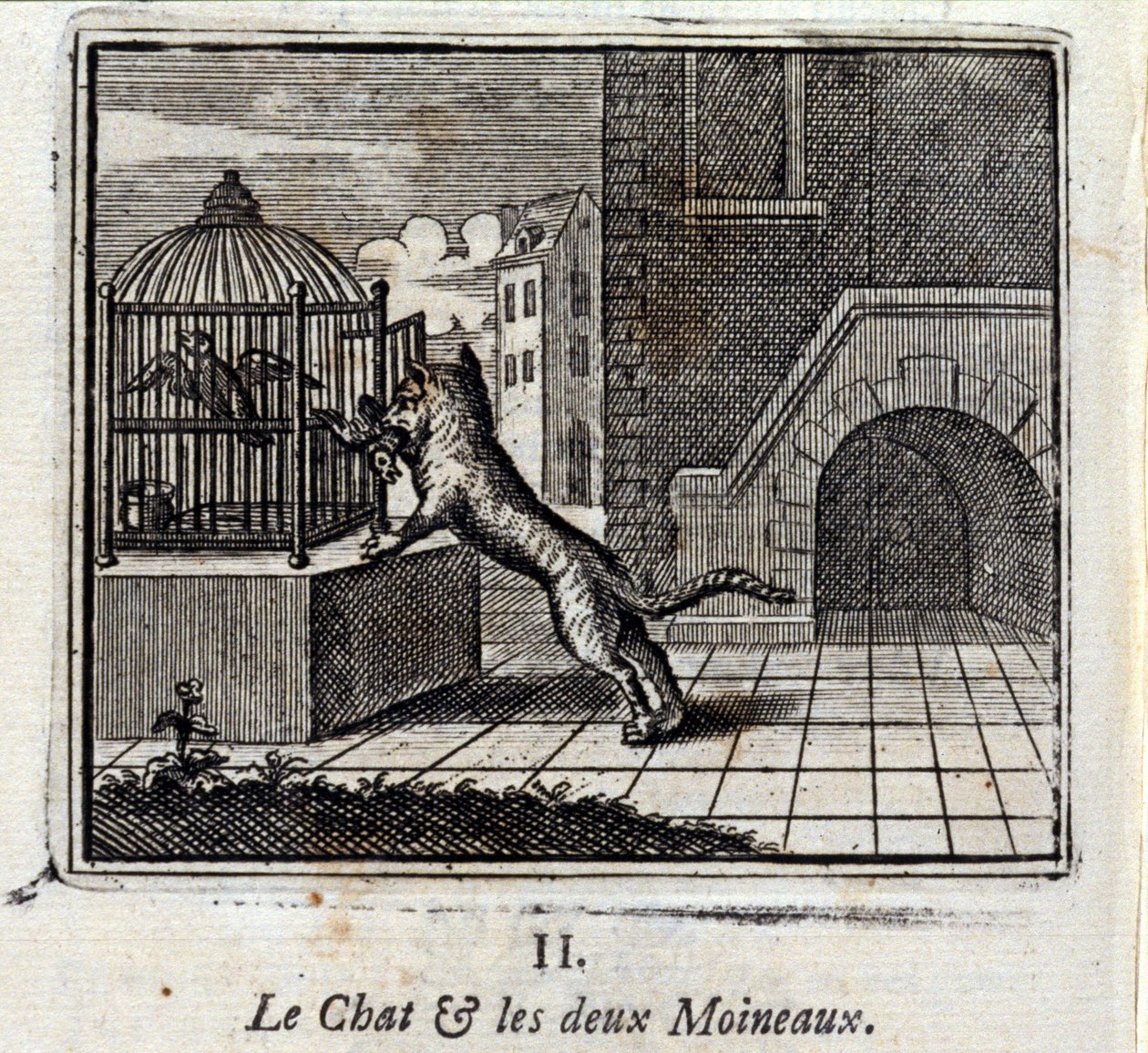 猫と二匹のスズメ。ジャン・ド・ラ・フォンテーヌ（1621-95）の寓話。挿絵はフランソワ・ショーボー（1613-1676）。1728年の版。 作： フランソワ・ショーボー