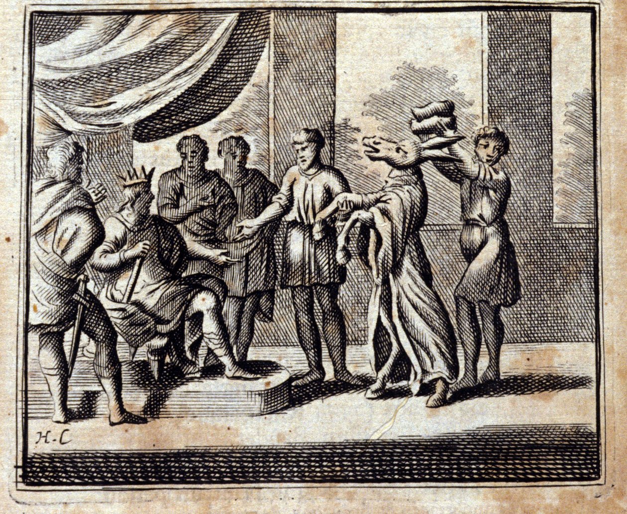 The Charlatan」です。ジャン・ド・ラ・フォンテーヌ（1621-95）の寓話集。フランソワ・ショーボー（1613-1676）によるイラスト。1728年の版。 作： フランソワ・ショーボー