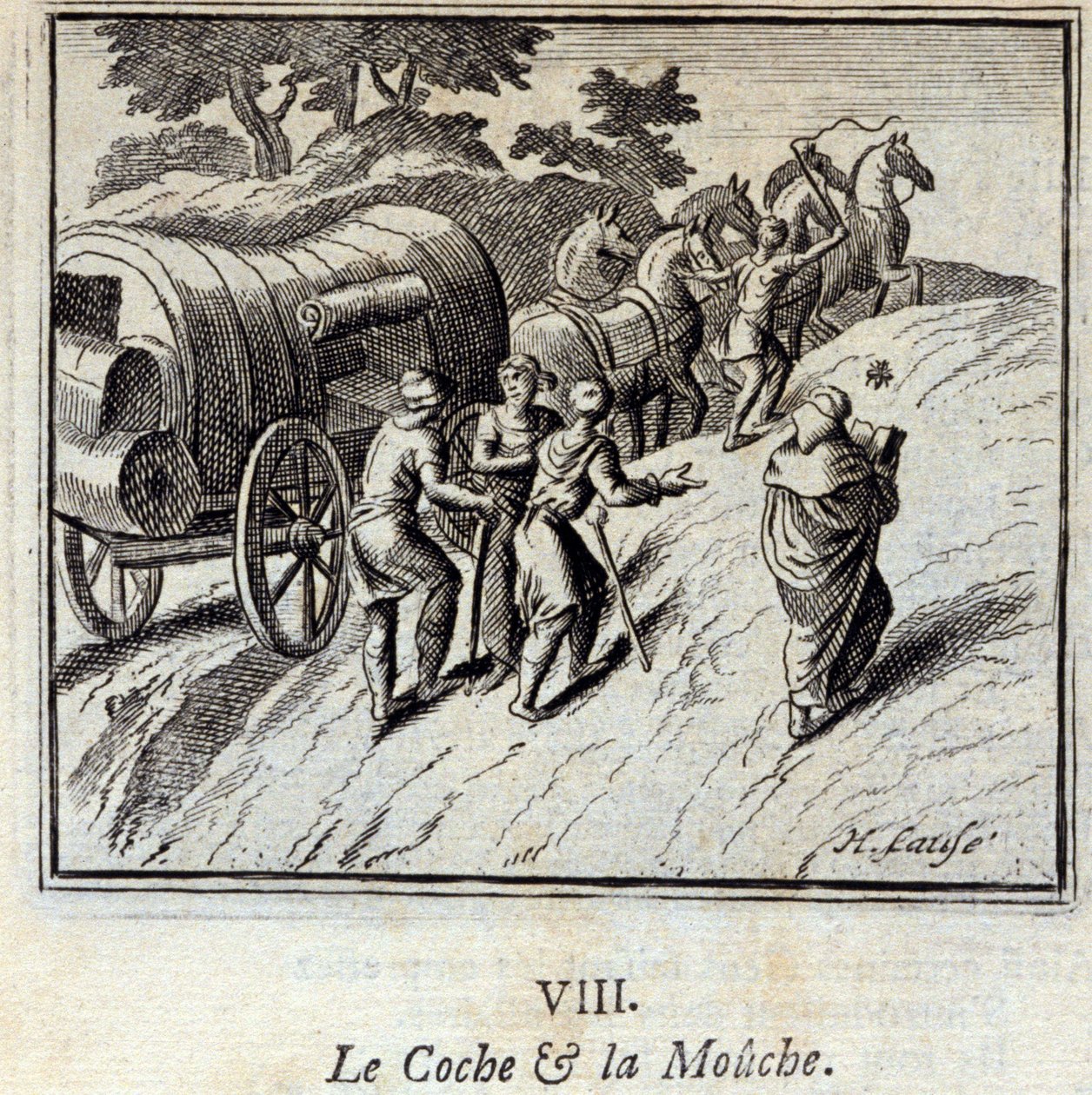 コシェとハエ。ジャン・ド・ラ・フォンテーヌ（1621-95）の寓話。挿絵はフランソワ・ショーボー（1613-1676）。1728年の版。 作： フランソワ・ショーボー