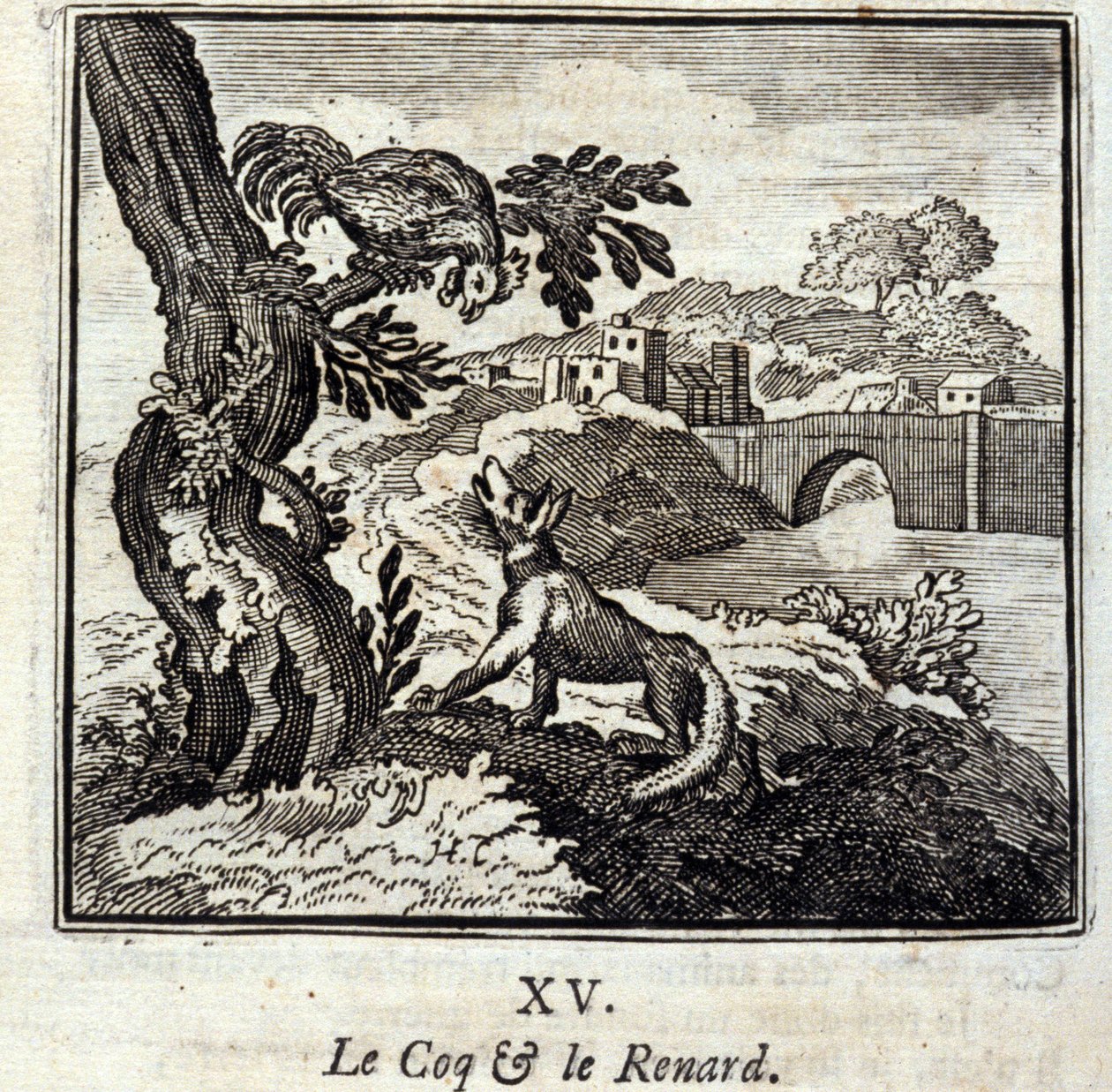 コックとキツネ。ジャン・ド・ラ・フォンテーヌ（1621-95）の寓話。挿絵はフランソワ・ショーボー（1613-1676）。1728年の版。 作： フランソワ・ショーボー