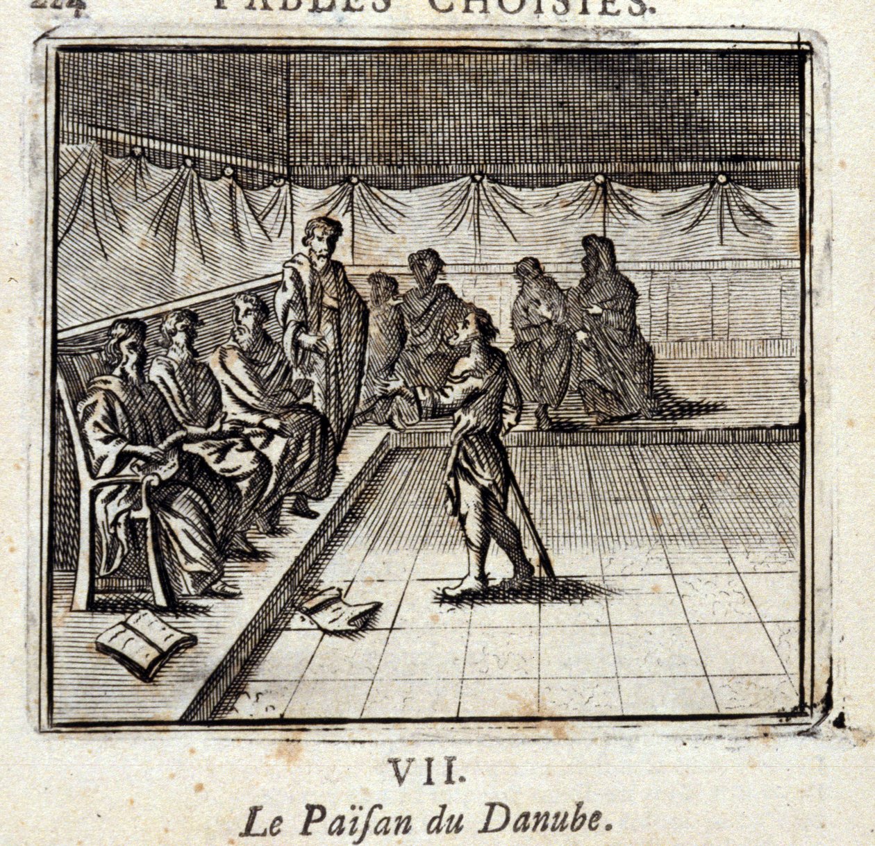 ドナウの農夫。ジャン・ド・ラ・フォンテーヌ（1621-95）の寓話。挿絵はフランソワ・ショーボー（1613-1676）。1728年の版。 作： フランソワ・ショーボー