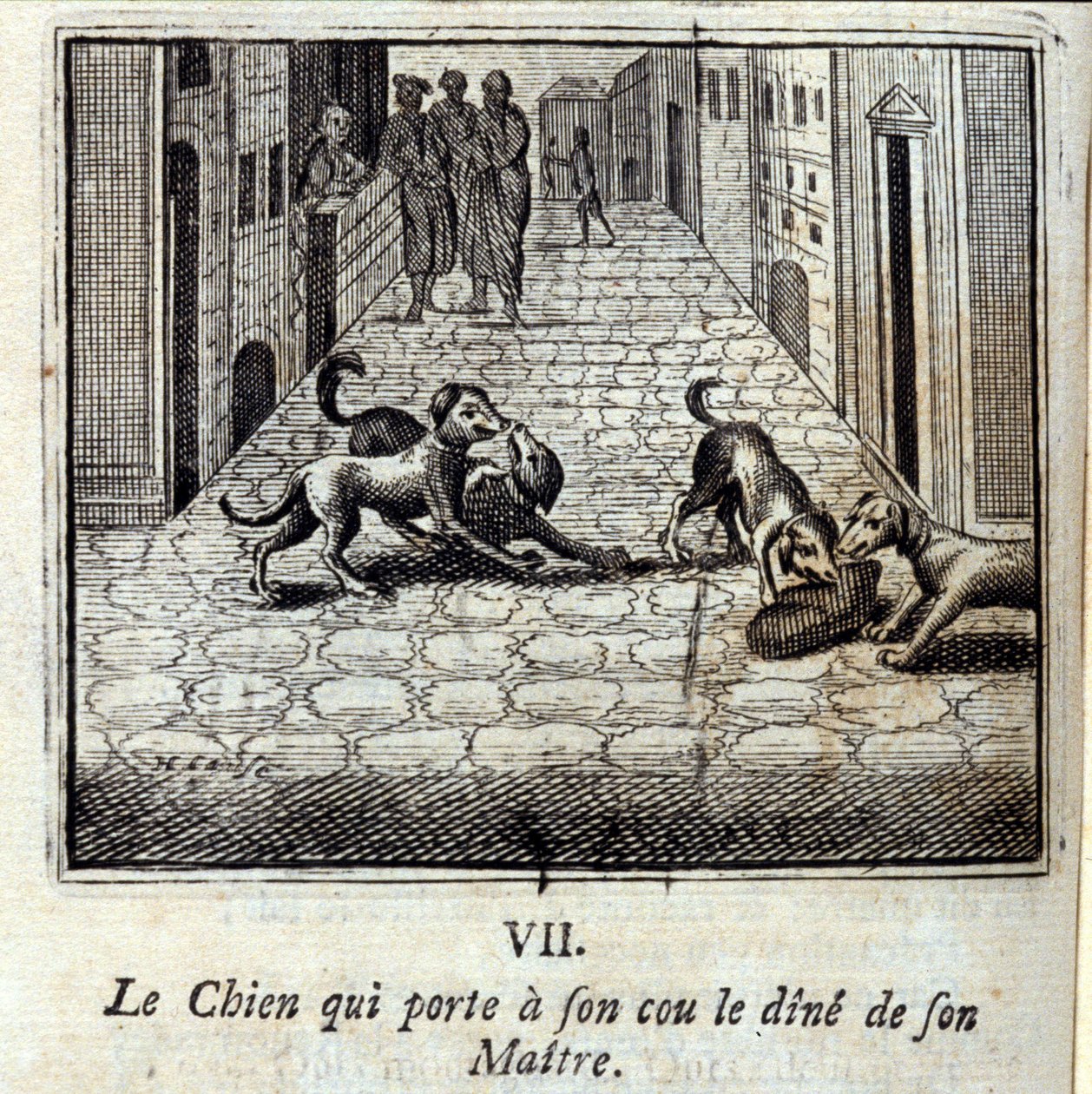 主人のダインを首にかけている犬がいる。ジャン・ド・ラ・フォンテーヌ（1621-95）の寓話。挿絵はフランソワ・ショーボー（1613-1676）。1728年の版。 作： フランソワ・ショーボー