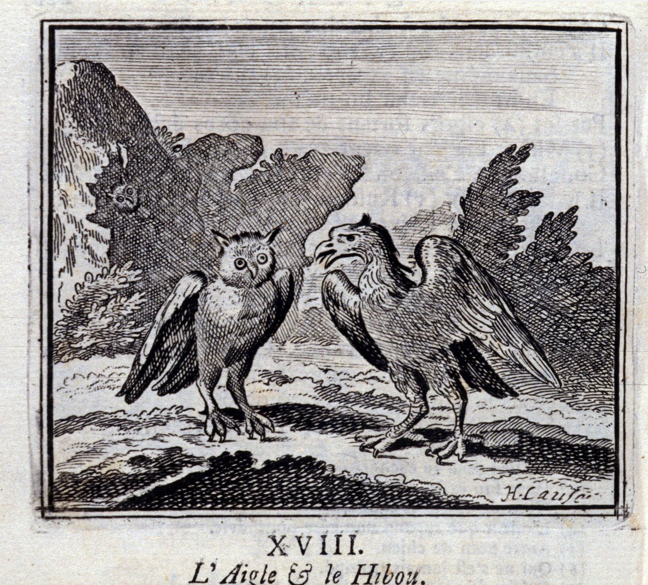 鷲とフクロウジャン・ド・ラ・フォンテーヌ（1621-95）の寓話。挿絵はフランソワ・ショーボー（1613-1676）。1728年の版。 作： フランソワ・ショーボー