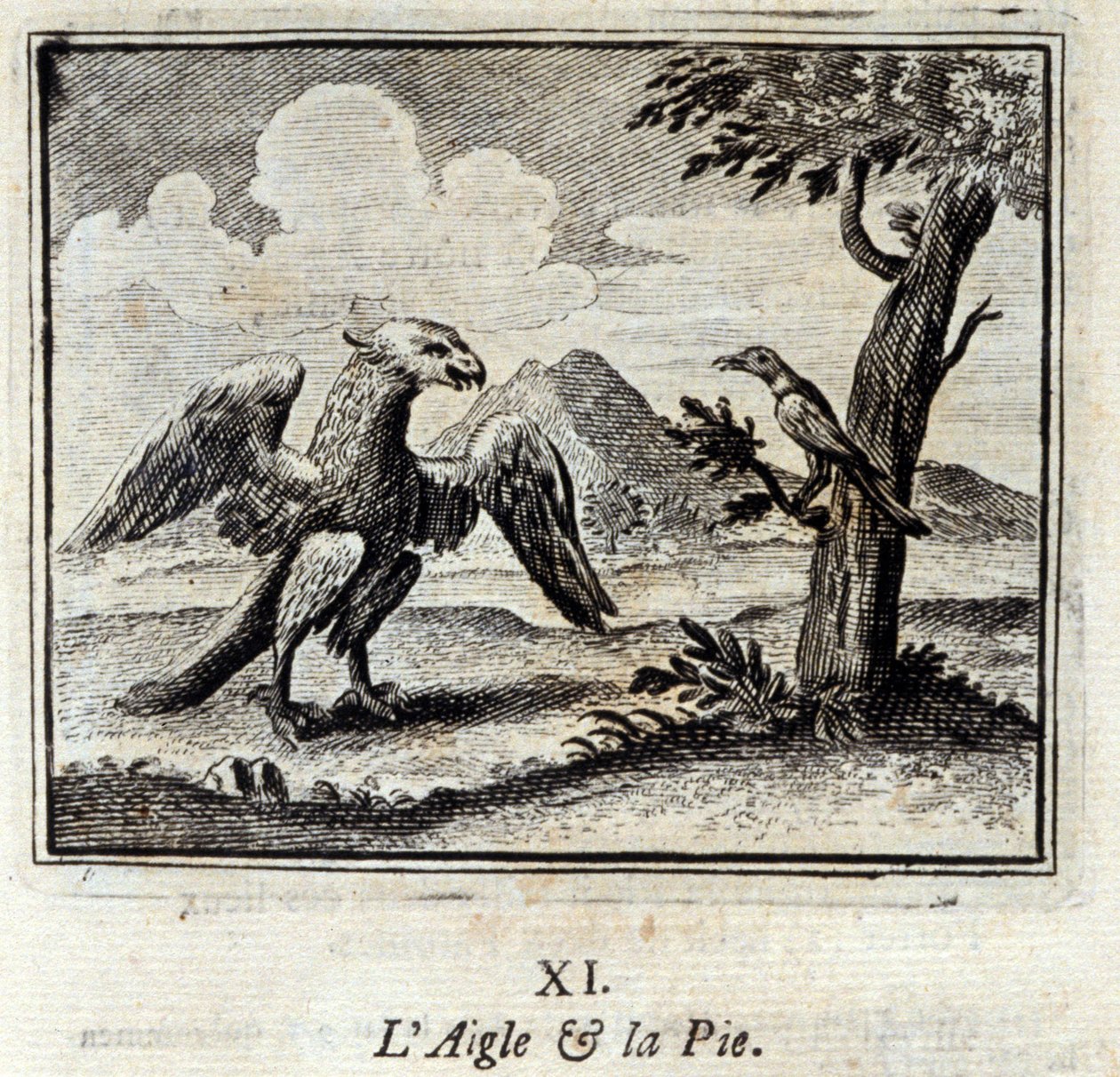 鷲とピウス。ジャン・ド・ラ・フォンテーヌ（1621-95）の寓話。挿絵はフランソワ・ショーボー（1613-1676）。1728年の版。 作： フランソワ・ショーボー