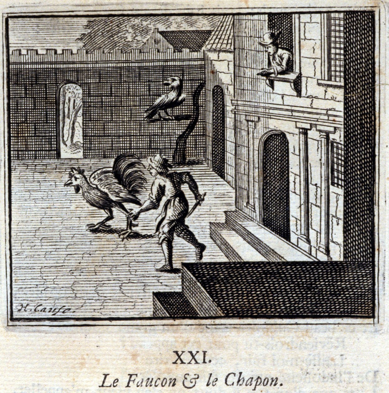 ファルコンとカポン。ジャン・ド・ラ・フォンテーヌ（1621-95）の寓話。挿絵はフランソワ・ショーボー（1613-1676）。1728年の版。 作： フランソワ・ショーボー