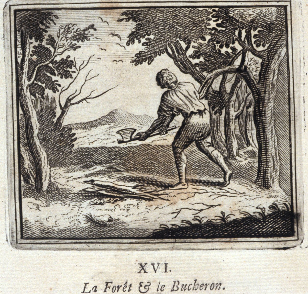 森とブシュロン。ジャン・ド・ラ・フォンテーヌ（1621-95）の寓話。挿絵はフランソワ・ショーボー（1613-1676）。1728年の版。 作： フランソワ・ショーボー