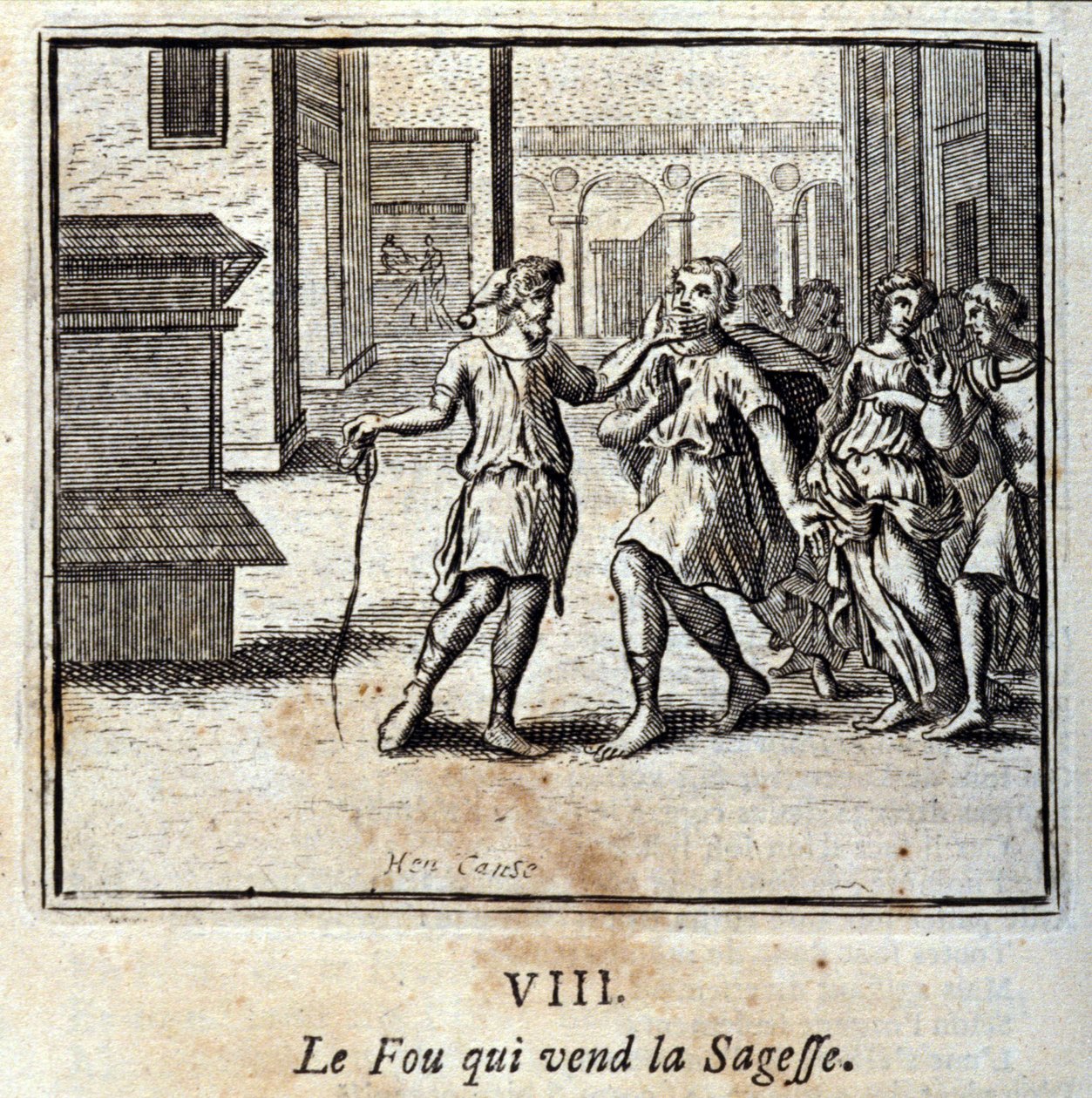 知恵を売るフー。ジャン・ド・ラ・フォンテーヌ（1621-95）の寓話。挿絵はフランソワ・ショーボー（1613-1676）。1728年の版。 作： フランソワ・ショーボー